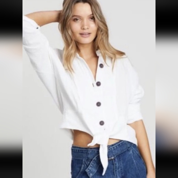 Free People Sun Streaks Tie Front Top Gauzy Button Up Tie Hem White Size Small - Picture 2 of 14